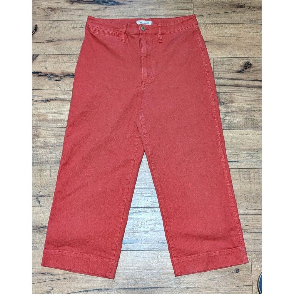 Madewell Women’s Red Slim Fit Wide-Leg Cropped Pants Flat Front Button Zip